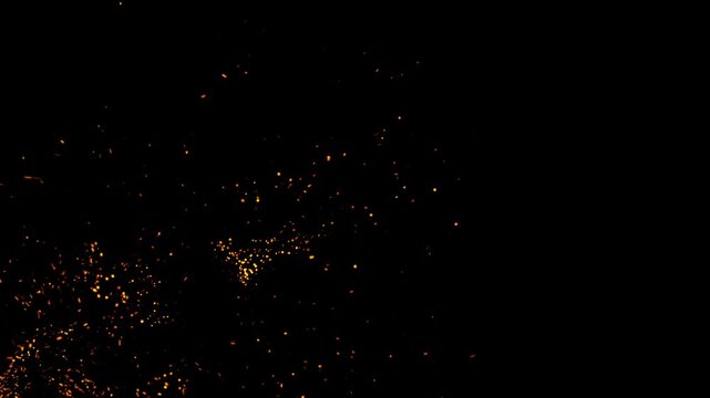 Floating ember sparks spreading across black background with glowing cinematic fire particles and atmospheric drifting motion footage