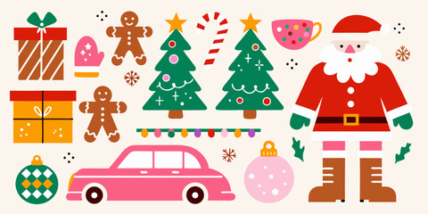 Obraz premium christmas illustrations with santa claus gifts and gingerbread cookies