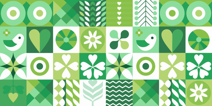 green geometric pattern with birds and hearts folk art style