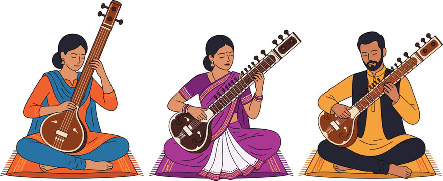 Indian Classical Musician Collection Playing Sitar Instrument with Traditional Cultural Clothing in Flat Vector Illustration Style