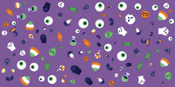 halloween pattern with eyes ghosts and candy on purple