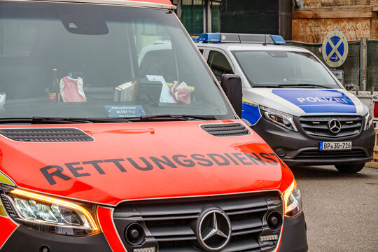 Munich, Germany - February 2: typical german police vehicle at the old town in Munich on February 2, 2025