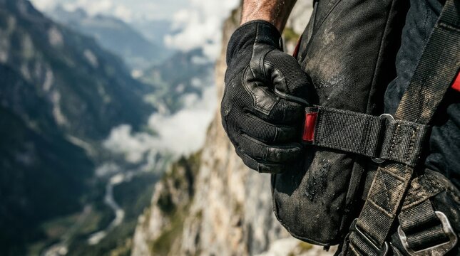 Extreme close-up of a B.A.S.E. jumper&rsquo;s hand on the pilot chute handle