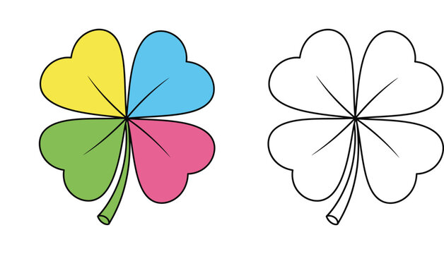 Four Leaf Clover Illustration Vector Set, Colorful and Outline Shamrock Design for St. Patrick's Day, Luck Symbol Graphic, Coloring Book Page Element Isolated on White Background