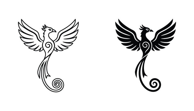 Phoenix bird rising vector illustration with tribal flame details for mythical creature logo design symbolic rebirth branding elements and ancient legend fantasy graphic art silhouettes