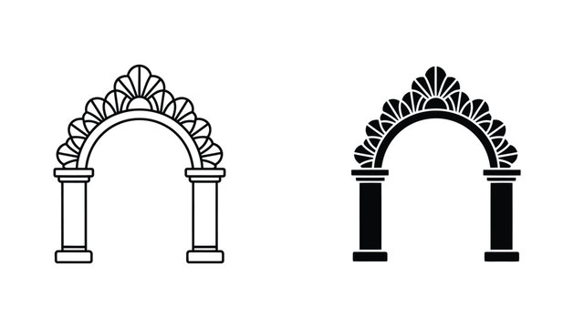 Classical architectural arch icon with decorative pediment featuring outline and solid black silhouette versions for real estate branding historic building design and luxury gateway graphics