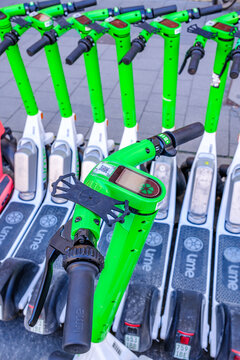 Munich, Germany - April 11: typical electro scooter at a sidewalk in munich on April 11, 2025