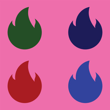 A modern 2x2 grid of stylized flame icons in contrasting colors&mdash;dark green, dark blue, red, and bright blue&mdash;set against a soft pink background. 
