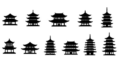 Traditional Asian Temple Silhouette Icons Set with Chinese and Japanese Pagoda Structures in Flat Minimal Vector Style on White Background © BijoyChandra