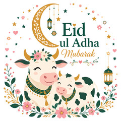 Fototapeta premium Cute cow illustration with floral wreath frame eid ul adha mubarak