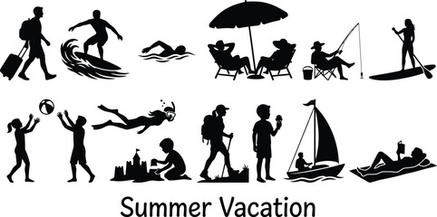 Obraz premium Summer vacation silhouettes people with luggage surfing swimming and boating