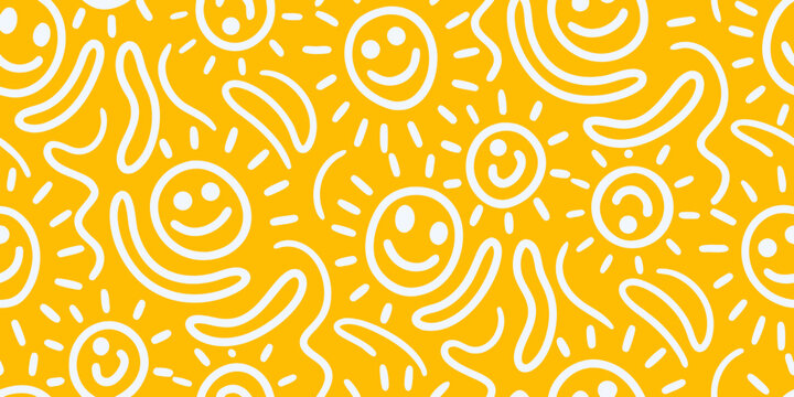 Seamless pattern of white smiling faces and suns on yellow background