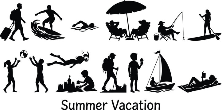 Summer vacation silhouettes people with luggage surfing swimming and boating