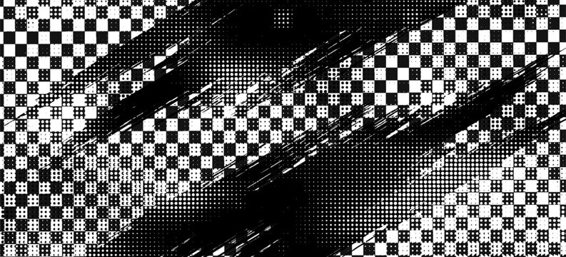 Abstract Black and White Grunge Checkered Background with Halftone Brush Texture