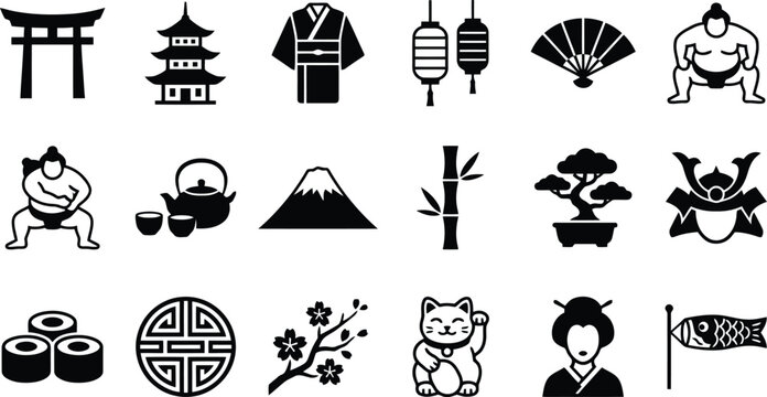 Detailed set of various black japanese cultural icons and traditional symbols isolated on transparent background
