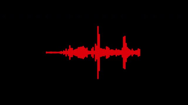 Animated red solid audio waveform equalizer with jagged edges vibrating and responding to music frequencies on a black background