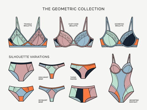 Vector Illustration of Lingerie Design Collection featuring Geometric Bralettes, Panties, and Bodysuit Silhouettes in Pastel Color Palette