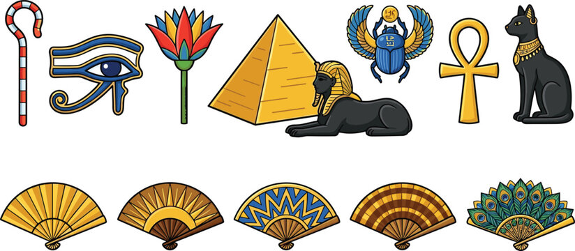 Ancient Egyptian Symbol Collection with Pyramid Ankh Eye of Horus Bastet Scarab and Decorative Hand Fan Vector Set