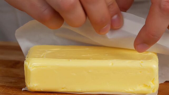 Hands wrapping butter in paper perfect for cooking tutorials and recipe showcases