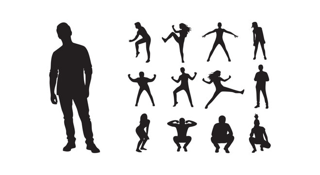 People silhouettes men and women in various dynamic poses exercising standing jumping sitting squatting dancing.
