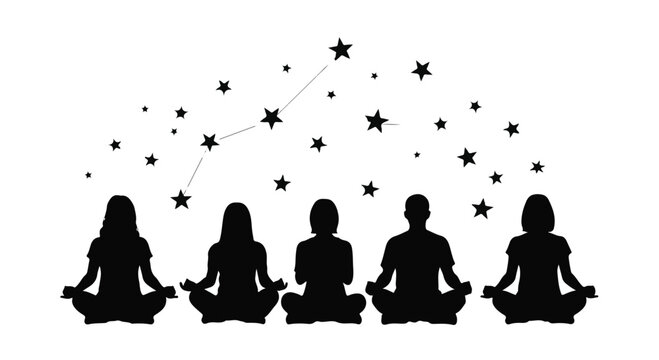 Meditators sit in a row under a starry night sky to find inner peace and balance.