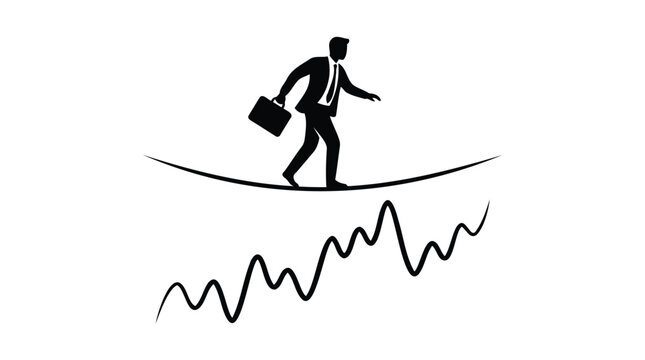 Businessman skillfully balancing on a tightrope above a turbulent financial graph, symbolizing risk management and navigating market volatility in a challenging economy