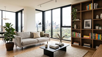 Fototapeta premium Modern living room interior with sofa, bookshelf, coffee table, plants, and city view