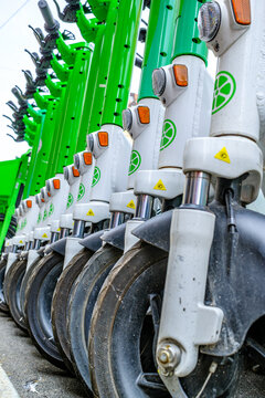Munich, Germany - June 10: typical electro scooter at a sidewalk in munich on June 10, 2025