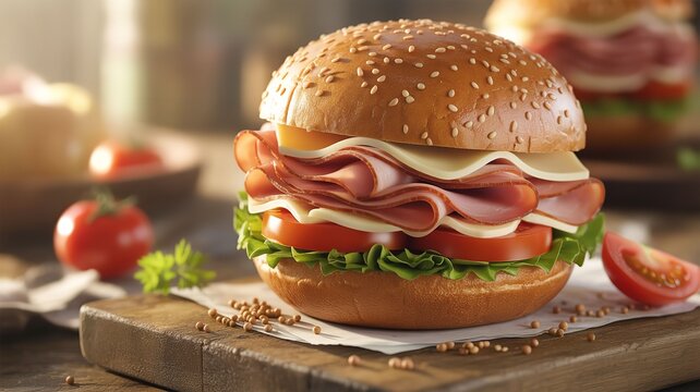Large sandwich with ham and cheese on a sesame seed bun