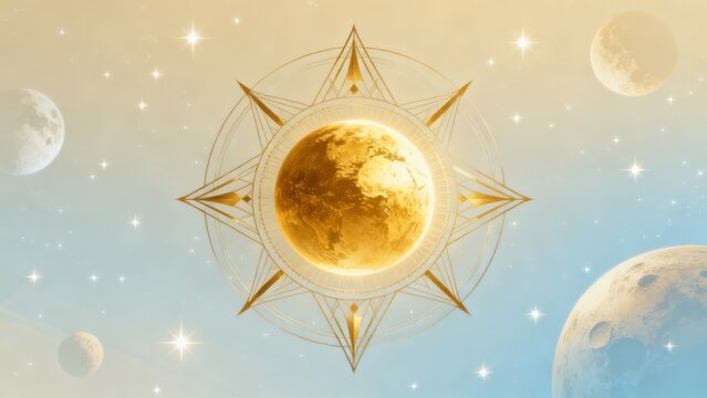 Golden planet with star compass in space