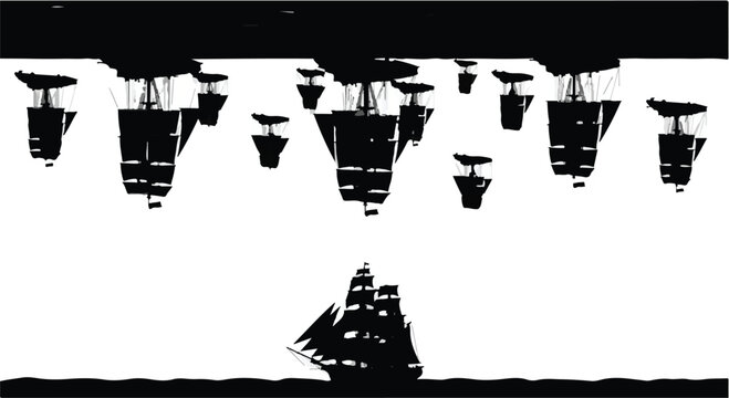 Sailing ships navigate across the ocean under a sky filled with inverted vessels.