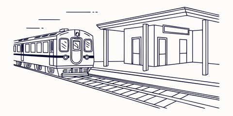 Minimalist graphic of a train stopping at a suburban railway station with platform transport commuter illustration monochrome passenger transportation infrastructure departure minimalist © Sp