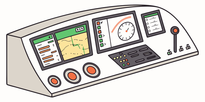 Modern train control dashboard console with digital screens dashboard navigation joystick instrumentation interface technology transportation operator machinery automation tracking