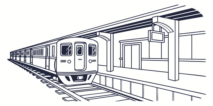 Simplified line drawing of a modern electric train at a railway platform with platform transport commuter illustration monochrome passenger transportation infrastructure departure minimalist