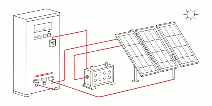 Solar power system diagram with photovoltaic panels and battery storage off grid photovoltaic electricity renewable sustainable inverter technical schematic environment generation sunlight