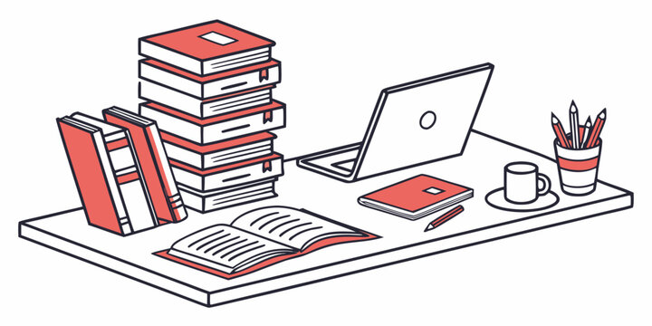 Minimalist illustration of a messy student desk with laptop and stack of books workspace education learning furniture notebook stationery creative illustration minimalist business academic