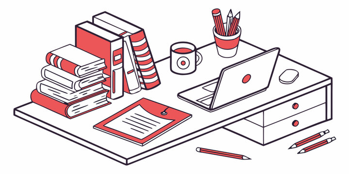 Isometric home office desk illustration with laptop and stacked books isometric workplace workspace education stationery computer document illustration business minimalist learning