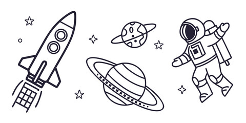 Outer space elements with rocket ship astronaut and planets in line art style astronaut exploration astronomy discovery universe adventure technology astronomer outdoors satellite astrology © Sp