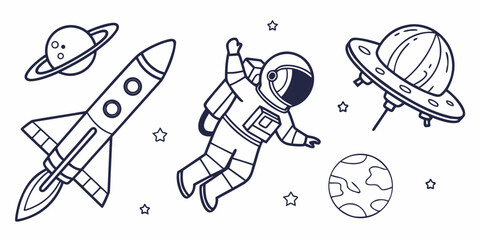 Outer space illustration featuring astronaut floating next to rocket ship and flying saucer astronaut exploration illustration universe astronomy celestial background minimalist creative © Sp