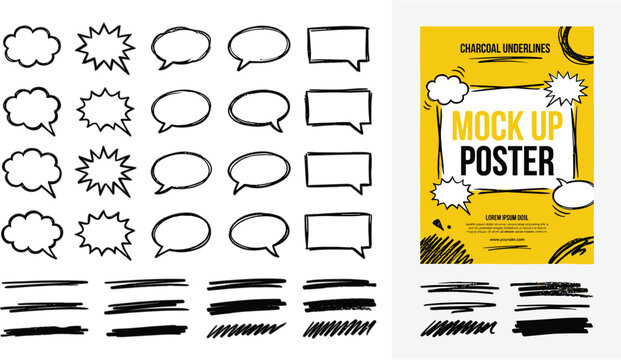 Set of Hand Drawn Charcoal Speech Bubbles and Grunge Underline Brush Strokes with Mockup Poster for Creative Branding Social Media and Sketchy Design Elements