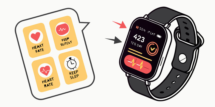 Wearable smartwatch heart rate and sleep tracking icons with smartwatch tracking wearable technology interface wellness activity dashboard personal connection information electronic