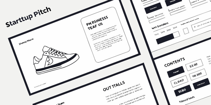 Startup pitch presentation layout with shoe product icon and UI dashboard elements presentation dashboard template business infographic software interface strategy development illustration