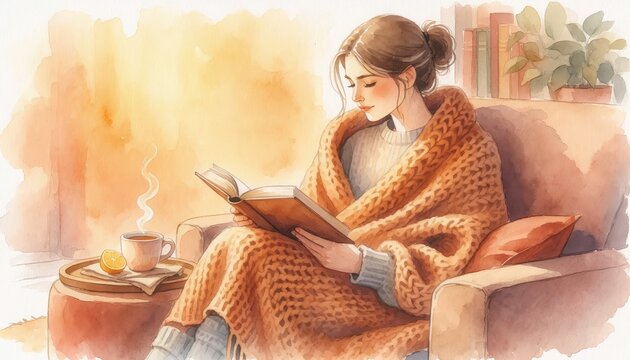Self care watercolor concept. Woman wrapped in a blanket reading a book with tea by her side