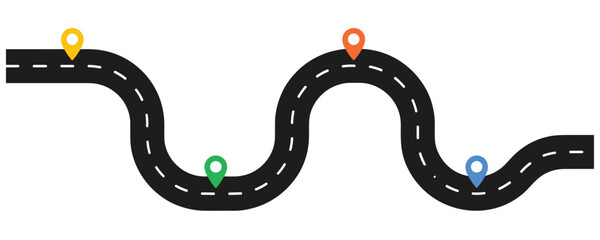 Winding road map path with colorful location pin markers for journey. © MDTAZBIRHOSSAIN