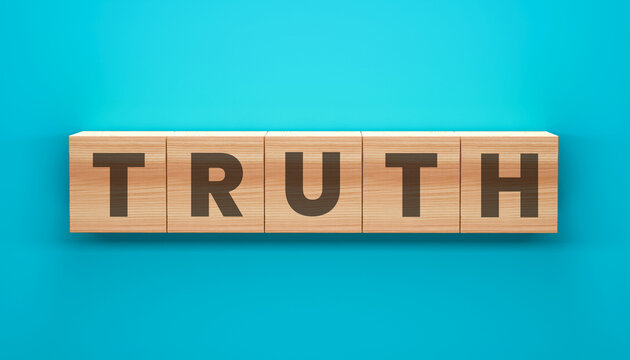 Truth in Blocks: A straightforward visual representation of the word truth, spelled out on wooden blocks against a plain blue backdrop, evoking simplicity and clarity.