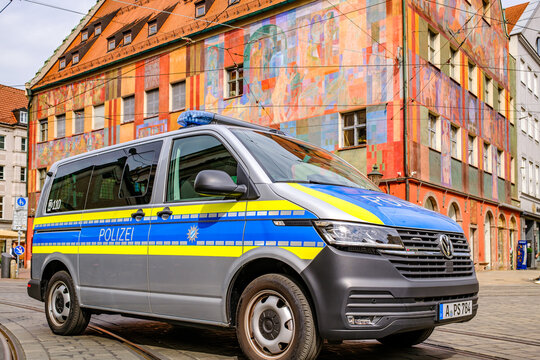 Augsburg, Germany - August 23: typical german police vehicle at the old town in Augsburg on August 23, 2025