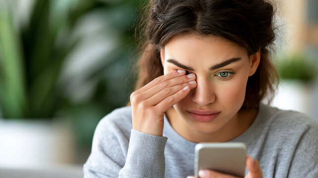 Close-up of a woman rubbing dry eyes while checking a smartphone, digital eye strain concept, screen fatigue awareness, technology and eye health, defocused background, with copy