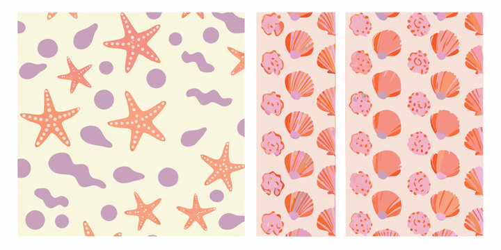 Seashell and starfish pattern colorful summer beach illustration