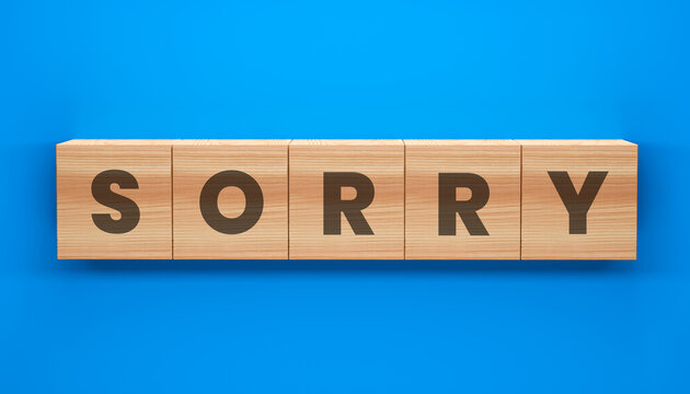 Sorry Word Block: The word SORRY is spelled out on wooden blocks. Each letter is prominently displayed against a vibrant blue background, creating a visual expression of apology and regret.