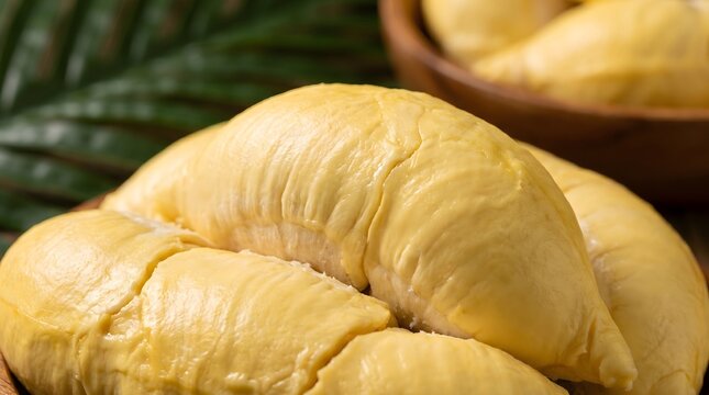 Fresh yellow durian pulp in wooden bowl and opened durian fruit on market table